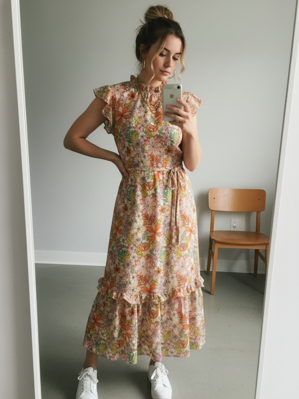 CeCe Floral Midi Dress in Orange, Pink, Green - Picture 7 of 7